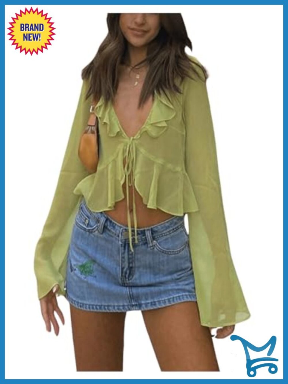Tie Front Ruffle Sheer Chiffon Blouse Crop Top Long Sleeve